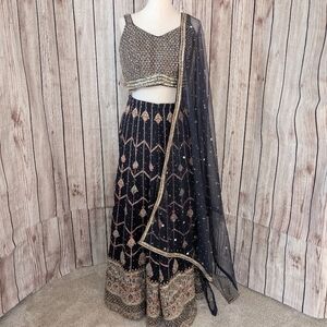 Elegant Navy Embroidered Crop Top Palazzo Outfit For Indian Reception